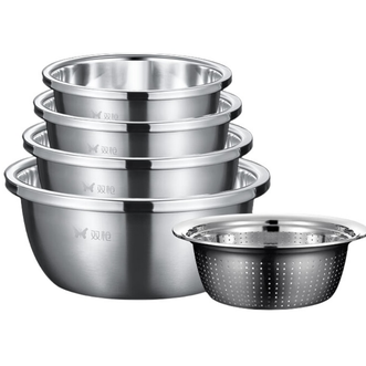 双枪（Suncha）  和面盆家用  厨房加厚洗菜沥【盆筛五件套】盆24~30cm+筛26cm