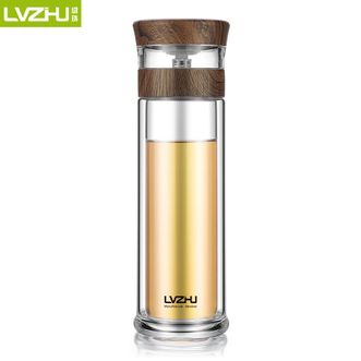绿珠（lvzhu）   400mL容量茶水分离泡茶杯 商务办公高档双层玻璃杯 带茶仓便携泡茶水杯 B656木纹-不带杯套
