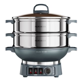 奥克斯  电炒锅无涂层物理不粘锅一体插电多功能铁锅家用电煮锅电蒸锅炖蒸煮铸铁电热锅炒菜专用大容量电锅定时款34CM双笼 5.5L