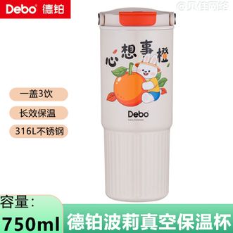 德铂（Debo）  高颜值750ml大容量波莉316不锈钢保温杯冰霸吸管杯女士水杯 心想事橙