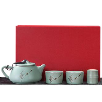 祥业  汝窑锔钉大石瓢茶壶茶具套装  茶壶约260ml+茶杯50ml*2+盖置*1  泡茶喝茶花茶绿茶黑茶红茶汝窑茶壶陶瓷功夫茶具茶壶汝瓷套装