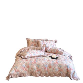 宜恋  全棉软糯磨毛四件套 法式蝴蝶边 200*230cm 甜梦茶语-粉/YS