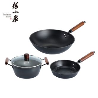张小泉  古法锤纹三件套 精铁锅具套装炒锅煎锅汤锅厨房三件套C35613000