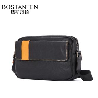 波斯丹顿（BOSTANTEN）男士单肩包头层牛皮斜挎包横款潮流背包运动休闲学生包包 B1201001黑色