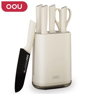 OOU  刀具六件套 家用砍骨刀切菜刀厨师刀剪刀带刀座6件套鹤ProDJ0062W白色
