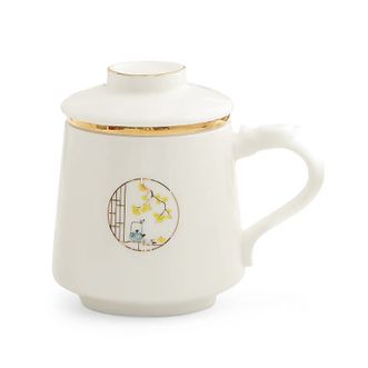 祥业  羊脂玉瓷茶杯  约300ml  家庭陶瓷泡茶杯办公杯水杯大容量带盖德化白瓷马克杯茶具用品