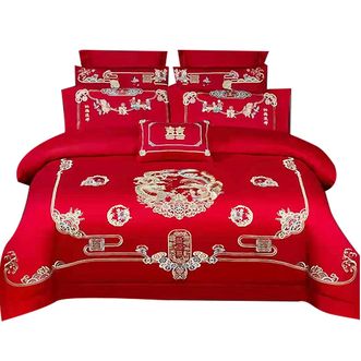悠梦嘉居 婚庆绣花四件套 大红纯棉刺绣套件 200*230cm YJ9-008 龙凤传情