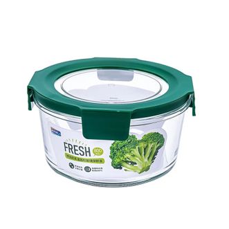 安买  圆形保鲜盒  约800ml 绿色盖 1个装  玻璃沙拉碗餐具便当盒上班族饭盒