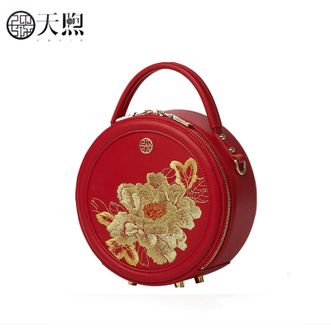 天煦/PMSIX  真皮牡丹刺绣手提包国风小圆包新中式斜挎包单肩轻奢百搭女包 P110171-R