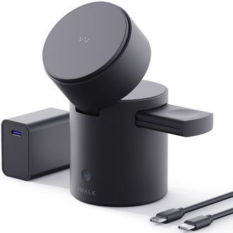 爱沃可/IWALK  新年礼物自转屏磁力柱智能感应苹果三合一磁吸充电器适用于iPhone、iwatch手表、airpods耳机 黑色
