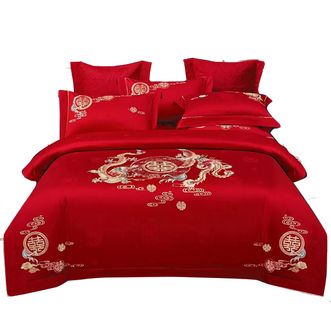 悠梦嘉居床裙款婚庆四件套双锦棉高档细腻面料200*230cm尊龙贵凤YJ-13268