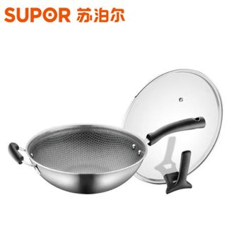 苏泊尔 晶钻蜂巢炒锅304不锈钢蜂窝晶纹全屏防粘炒菜锅CC32JA9可立盖32cm（SUPOR）