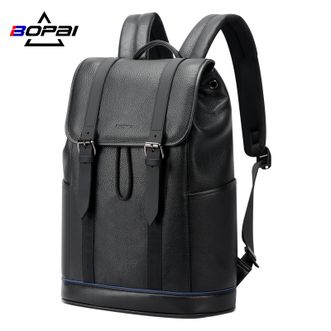 博牌/Bopai  时尚简约蓝边装饰头层牛皮男士双肩包15英寸电脑商务背包61-123531