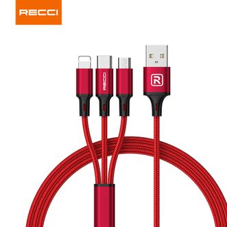 RECCI  速风一拖三数据线1.2米长2.1A快充数据线小巧便携充电线 RCS-D120红色