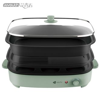 艾青春  料理锅电火锅电炖锅多功能锅 厨房电器炖煮锅电煮锅涮锅煎烤机电烤盘电烤炉多用途锅电热锅MG-W1313D绿色