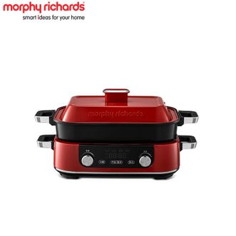 摩飞 /Morphy Richards  MR9099  多功能锅二代料理锅鸳鸯火锅5升定时预约烤肉涮一体蒸煮炒煎大屏触控煮锅多用途电火锅  英伦红标配【深锅+牛扒盘+蒸格】 5L