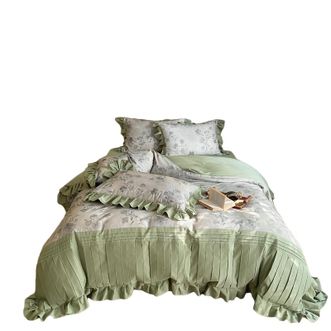 宜恋  【全棉100支数码印花四件套】1.8米床 加厚磨毛 被套枕套高奢撞色边 床单双贴边 寻野-绿/YS