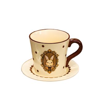 摩登主妇  复古兔早餐杯碟  早餐杯约300ml+碟直径约13cm  家用碗盘陶瓷可爱咖啡杯水杯牛奶杯碗碟餐具套装