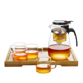 绿珠lvzhu 1000ml飘逸杯玻璃茶具整套一壶四杯一茶盘 泡茶壶煮茶器耐热耐高温过滤玻璃茶壶办公功夫茶杯Q739