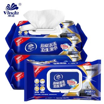 维达  厨房湿巾 48片*4包 厨房强效去油污杀菌湿巾 超大加厚去油厨房清洁卫生湿巾40+8片装 共4包