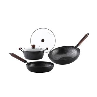 乐扣乐扣(LOCK&LOCK)Recall系列锻纹精铁锅三件套厨房无涂层炒锅煎锅汤锅组合CIW3203S02