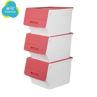 茶花  收纳箱整理箱 翻盖斜口前开式储物箱 零食玩具收纳柜 34L*3个装 【中国红】