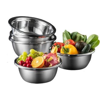 MAXCOOK  304不锈钢盆筛5件套加厚加固 不易变形 30cm加大加厚洗菜盆沙拉盆 味斗套装MCWA797