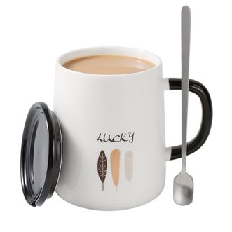 拜杰（BJ）  三叶草图案马克杯  陶瓷咖啡杯420ml水杯牛奶杯早餐杯带勺带盖杯子