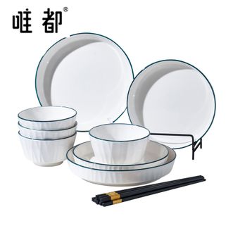 唯都  简约木纹餐具组饭碗盘子筷子12头套装W-CJ312