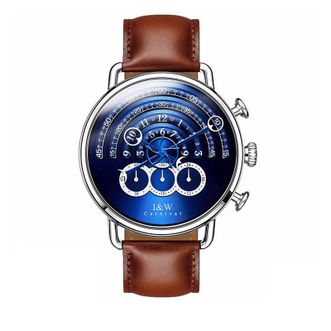 I&amp;W CARNIVAL HWGUOJI  男士手表  大表盘创意钟表  防水皮带时尚腕表  IW816  银白蓝面棕皮带