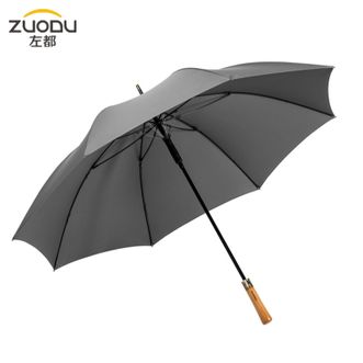 左都/ZUODU  英伦男士雨伞 长柄伞大号双人直柄伞 暴雨防风伞-气质灰-原木长柄