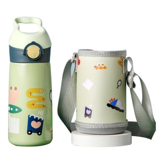 btif  儿童便携保温杯316不锈钢带吸管防喷防呛450ml水壶配杯套STB0901STR