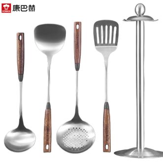 康巴赫  胡桃木系列防烫304不锈钢勺铲五件套锅铲炒菜铲子汤勺漏勺不锈钢挂架厨房小工具