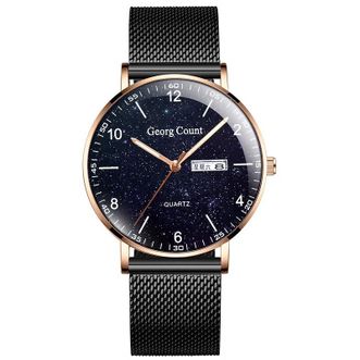 乔治伯爵  星空手表  防水夜光石英表  金壳星空蓝面金秒黑网带