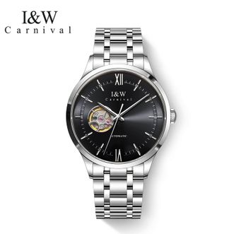 I&amp;W CARNIVAL HWGUOJI  手表 商务陀飞轮镂空 全自动机械表 男款腕表（ 金/银-黑面）