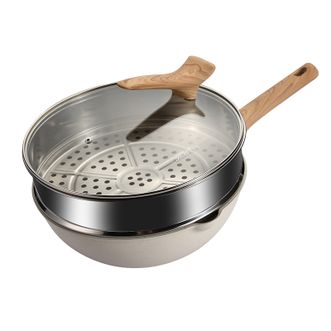 新思特  麦饭石不粘3202加深大容量炒锅电磁炉明火通用32cm大直径 白色加深炒锅+蒸笼 32cm