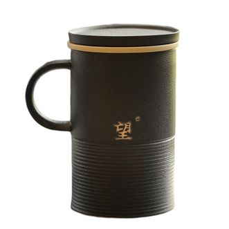 万仟堂 茶具 茶杯 陶瓷水杯 简约办公杯 带盖创意茶杯大容量马克杯 带滤网 男士水杯 望 A 黑铁釉