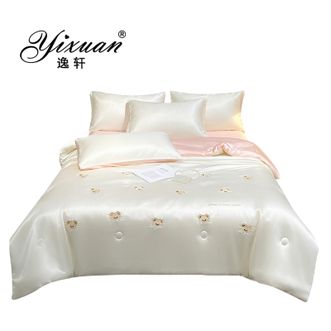 逸轩/yixuan  纯色简约刺绣夏凉被三件套 卧室百搭床品 小熊-奶白粉