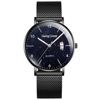乔治伯爵  星空手表  极简多功能手表腕表  G-015  黑壳星空蓝面银钉黑网带