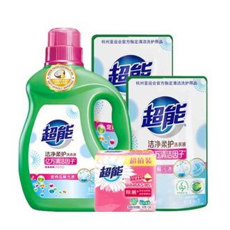 超能  洗衣皂液清洁套装（洁净柔护洗衣液1kg+超能植翠低泡洗衣液(柔顺舒适)非单卖品500g*2袋+超能内衣皂101*2）