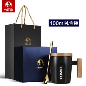 特美刻TOMIC 创意陶瓷木柄马克杯【黑色 400ml 礼盒装】杯子情侣水杯木手柄咖啡杯赢杯马克杯男女办公水杯牛奶果汁早餐杯礼盒装400ml