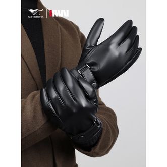 七匹狼/Septwolves  男士冬季加绒保暖骑行手套羊皮革面料黑色