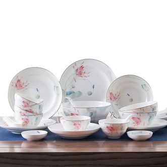 松发瓷器(songfa)  中式陶瓷碗盘餐具家用碗碟乔迁新居送礼礼盒套装高级感 益清水荷6人适用 28头