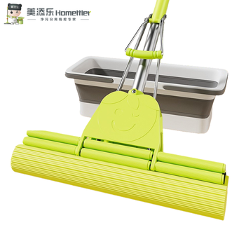 美添乐  海绵头胶棉式拖把+拖把夹+拖把桶【2棉头】 33cm滚轮吸水胶棉拖把懒人家用大胶棉拖布