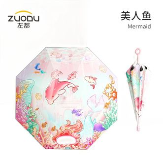 左都/ZUODU  儿童雨伞男女孩小学生上学专用宝宝超轻便透明长柄伞-美人鱼公主【趣味滚轮】