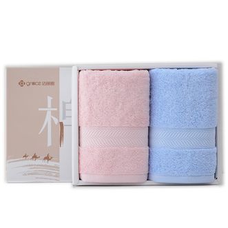 洁丽雅/Grace  毛巾礼盒2条装纯棉面巾素色舒适柔软吸水毛巾 手提礼盒装 5A抗菌防螨粉+蓝纯色礼盒装