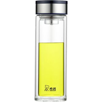 希诺  玻璃杯双层隔热水杯便携高档商务加厚带盖过滤茶杯子