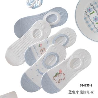 Caramella  卡通可爱女袜子纯棉船袜夏季薄款防滑不掉跟隐形袜蓝色小熊隐形袜5双装