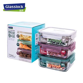 Glass Lock  进口钢化玻璃保鲜盒 上班族带饭微波炉加热食品级饭盒 长方形 3件套