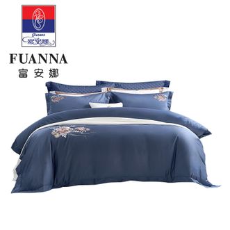 富安娜  奢华床品周年纪念款四件套 高雅蓝色调 精致刺绣 100%纯棉 高支面料 1亲肤柔暖透气吸湿  繁花·瑾念四件套